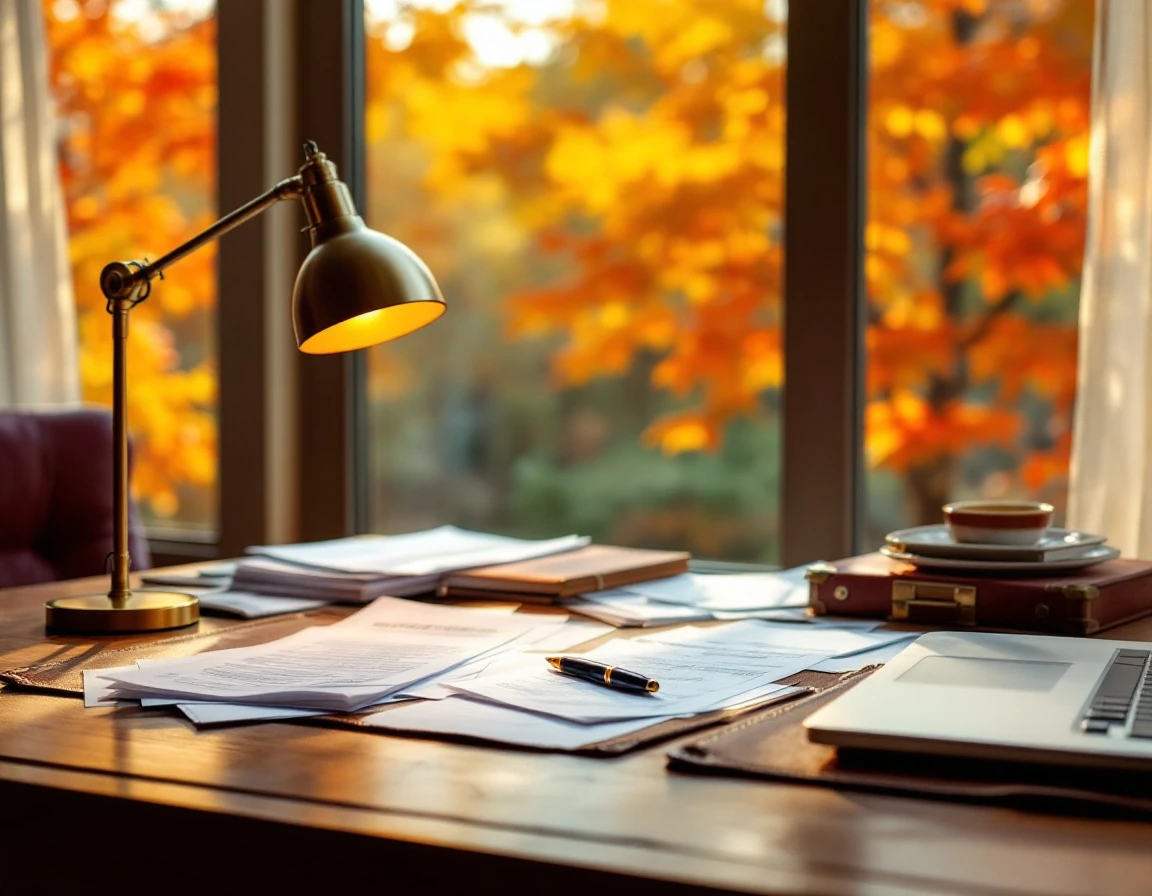 Office desk with laptop and papers, autumn trees visible through window in natural afternoon light