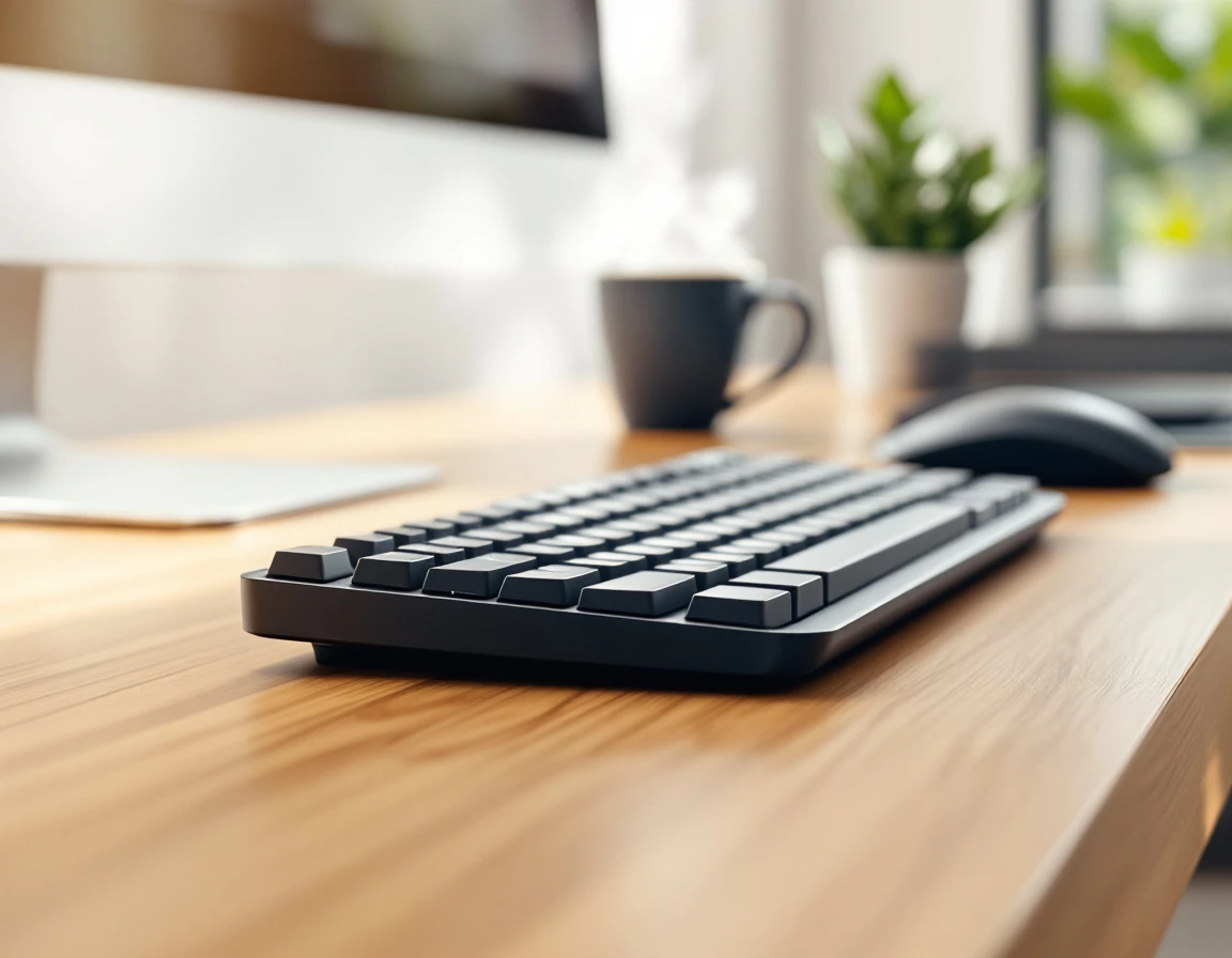 Clean minimalist desk workspace with keyboard and coffee mug in natural morning light