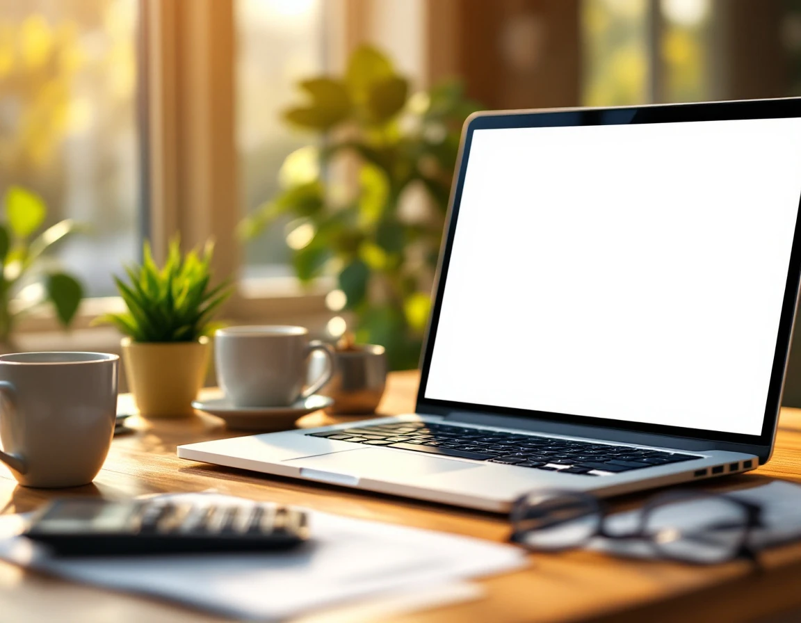 Professional payroll workspace with laptop, calculator, and office accessories on wooden desk