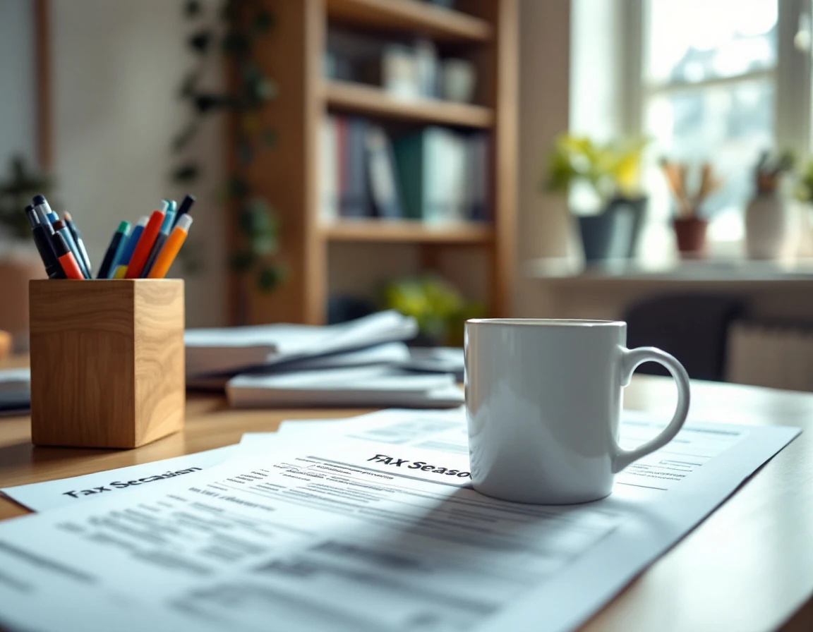 Tax preparation workspace with coffee, documents, and office supplies on wooden desk with natural lighting