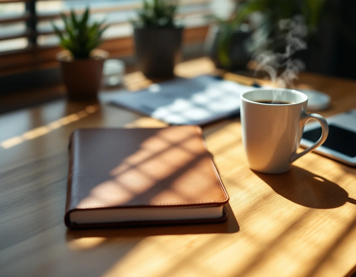 Office desk with closed planner, coffee cup, and blurred compliance documents in California workplace setting