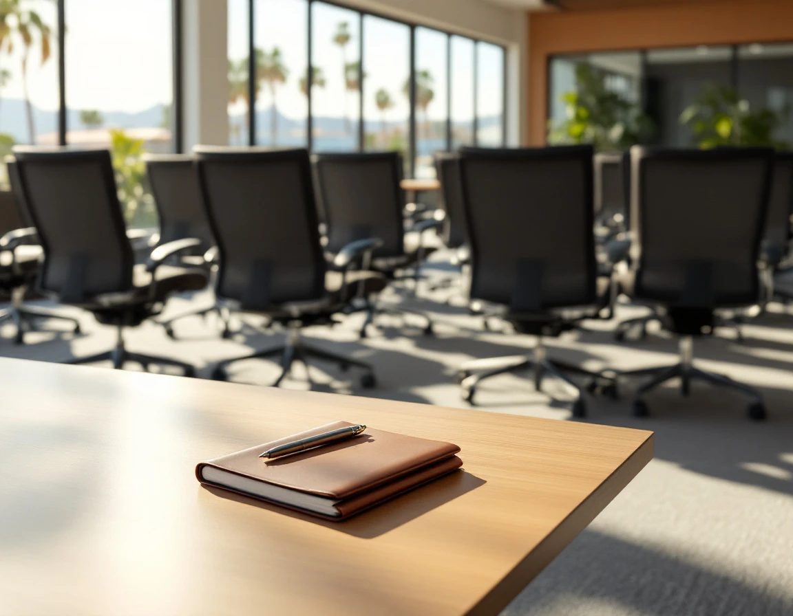 Empty California office training room with chairs and conference table ready for workplace compliance session
