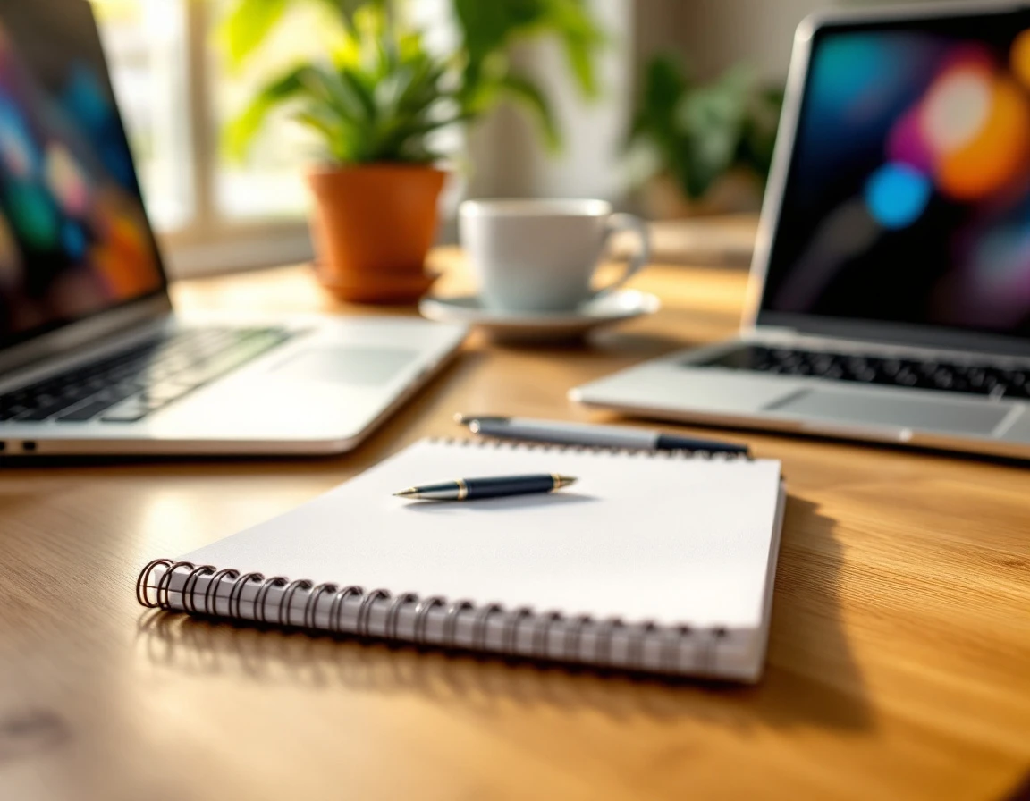 Organized wooden desk workspace with blank notepad, pen, coffee, and laptop in natural California office lighting