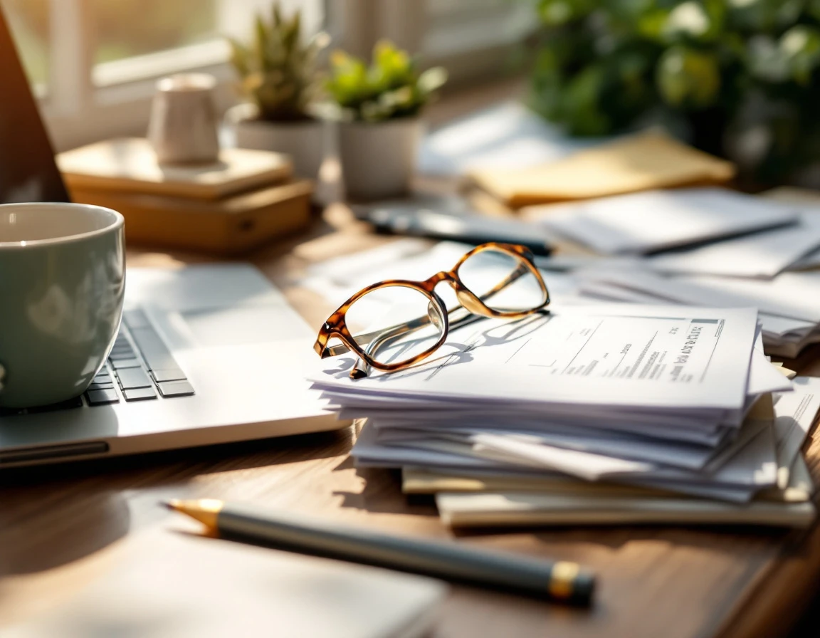 Closed laptop on wooden desk with tax forms, coffee mug, and reading glasses in natural window light