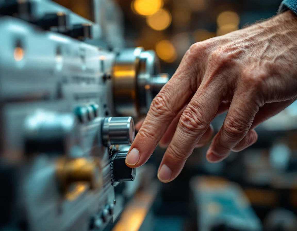 Human hand operating CNC machinery controls in small business manufacturing workshop