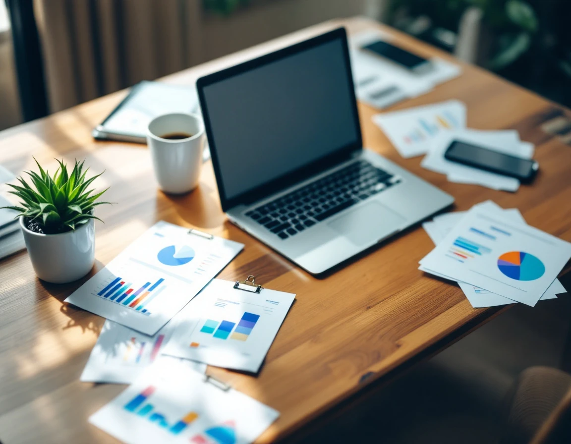 Overhead view of small business workspace with laptop, analytics documents, and coffee on wooden desk