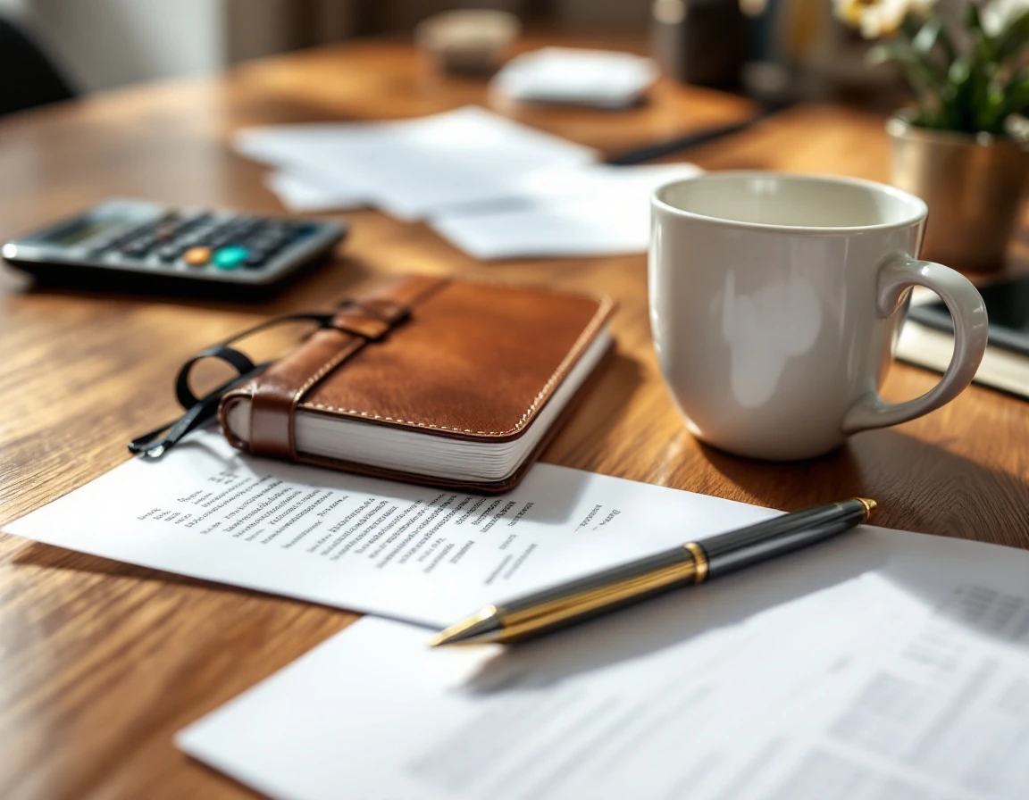 Leather journal and pen on wooden desk with morning coffee representing small business payroll compliance work