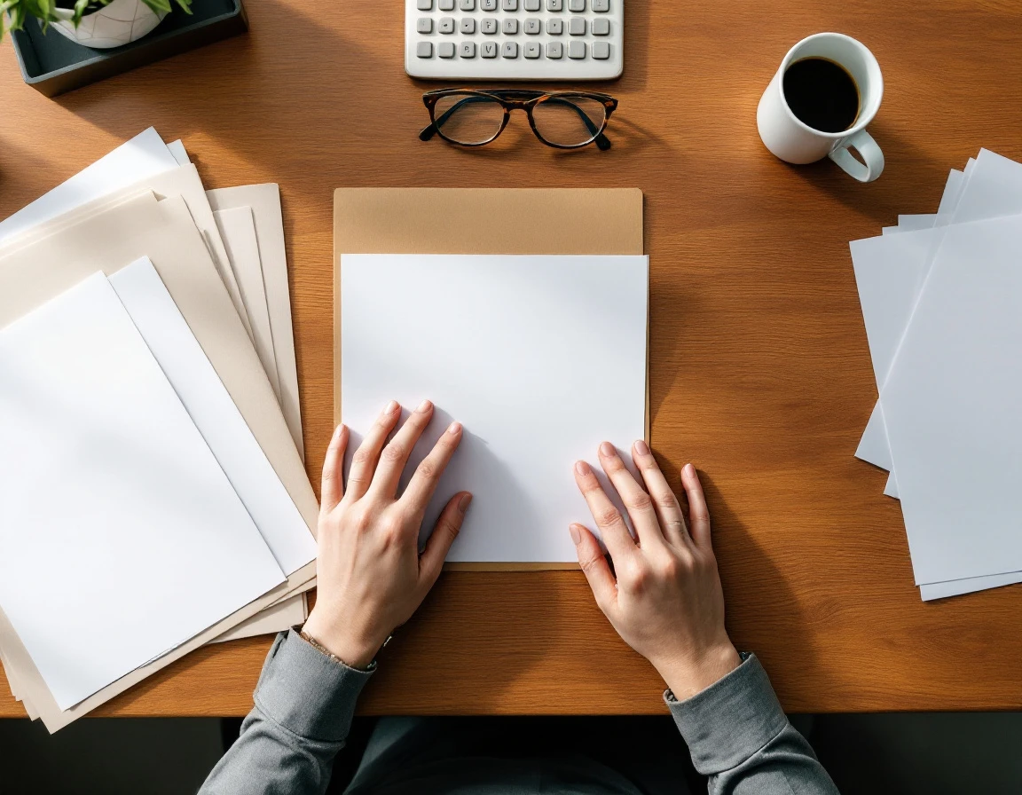 Overhead view of hands organizing blank compliance documents on desk with calculator and coffee