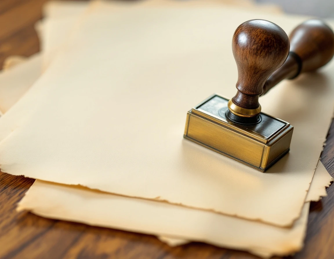 Brass notary stamp with embossed impression on blank compliance paperwork showing authentic patina and texture