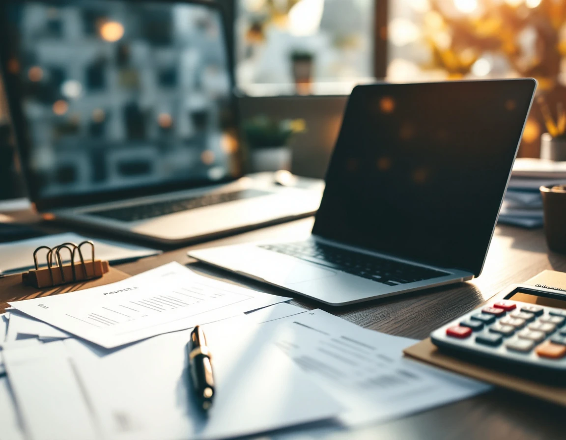 Professional desk workspace with laptop, blank papers, calculator, and office supplies for payroll processing