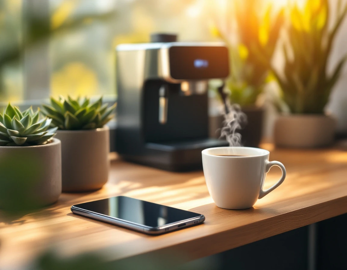 Modern workspace with dark smartphone, coffee, and technology suggesting automated business systems