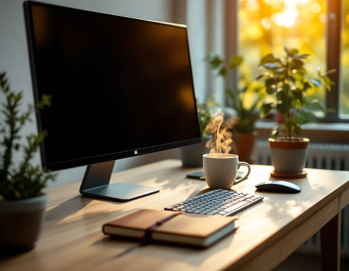 Organized small business desk with coffee, notebooks, and minimal setup in natural morning light