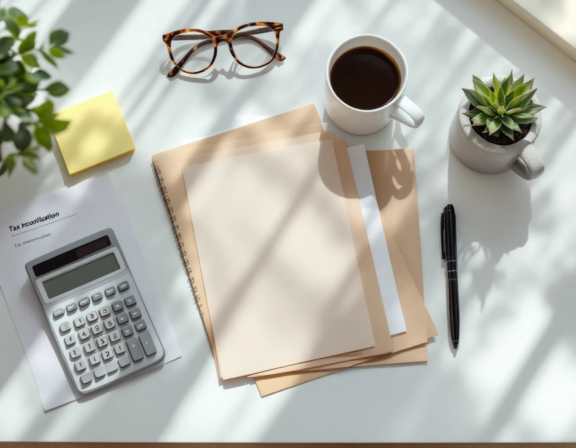 Organized desk workspace with calculator, coffee, and blurred tax documents ready for quarterly payroll reconciliation