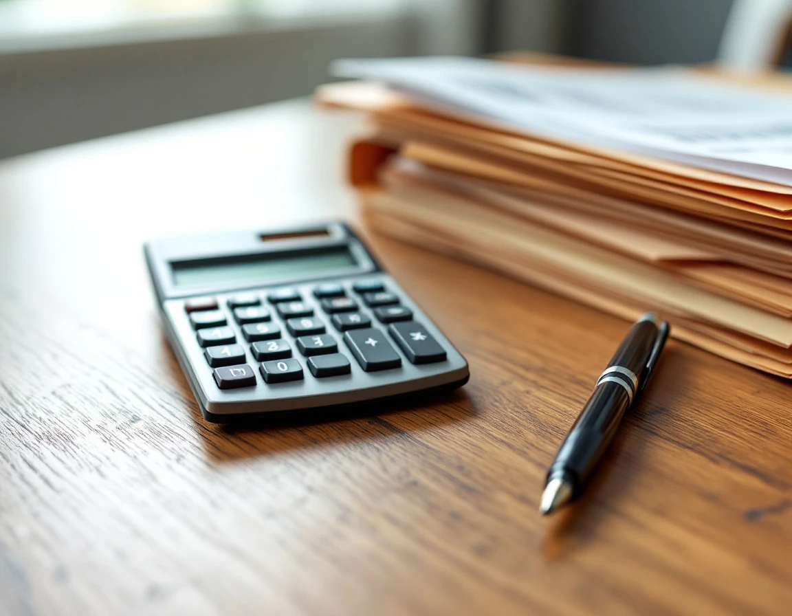 Calculator and pen on wooden desk with blurred tax documents in background