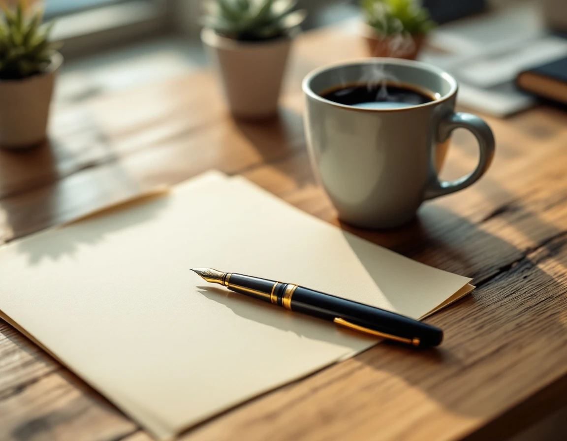Blank paper and fountain pen on wooden desk with morning coffee and small plant