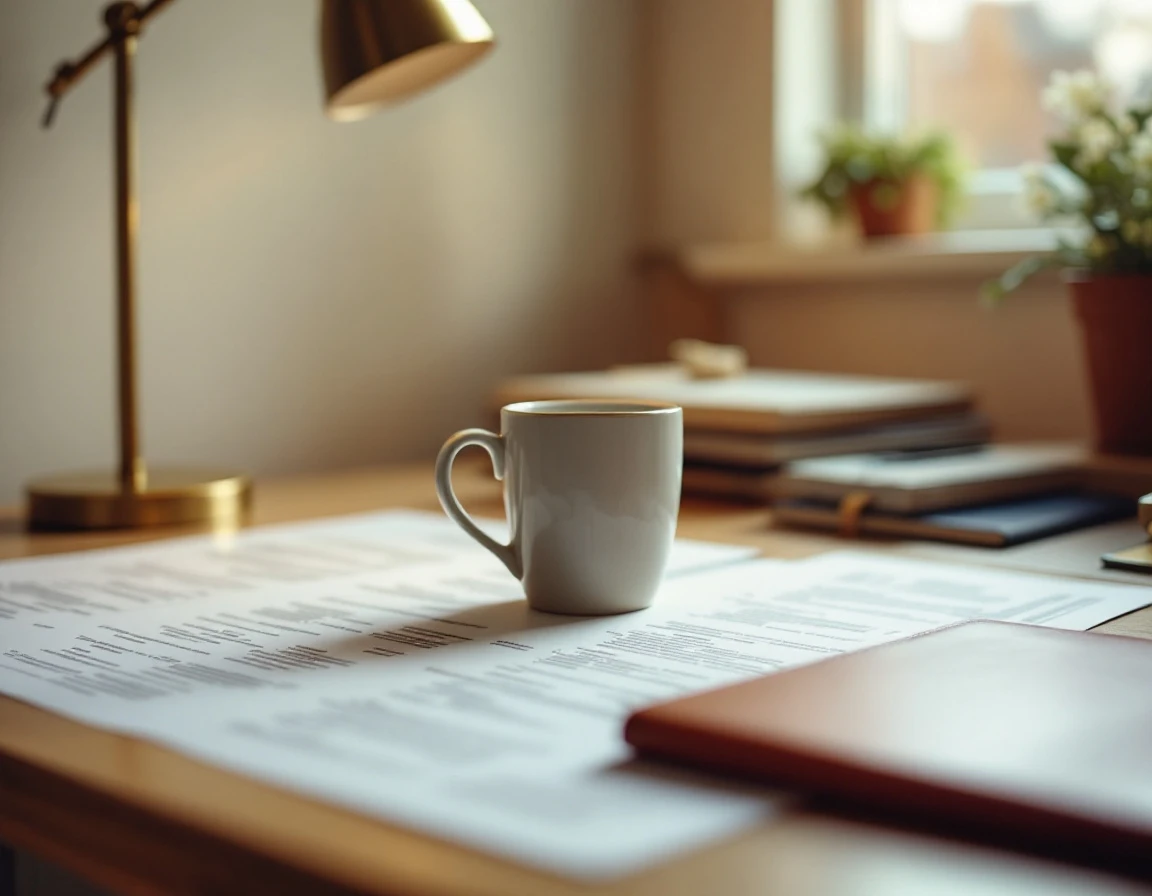 Coffee mug and desk lamp on wooden workspace with blurred paperwork during morning review session