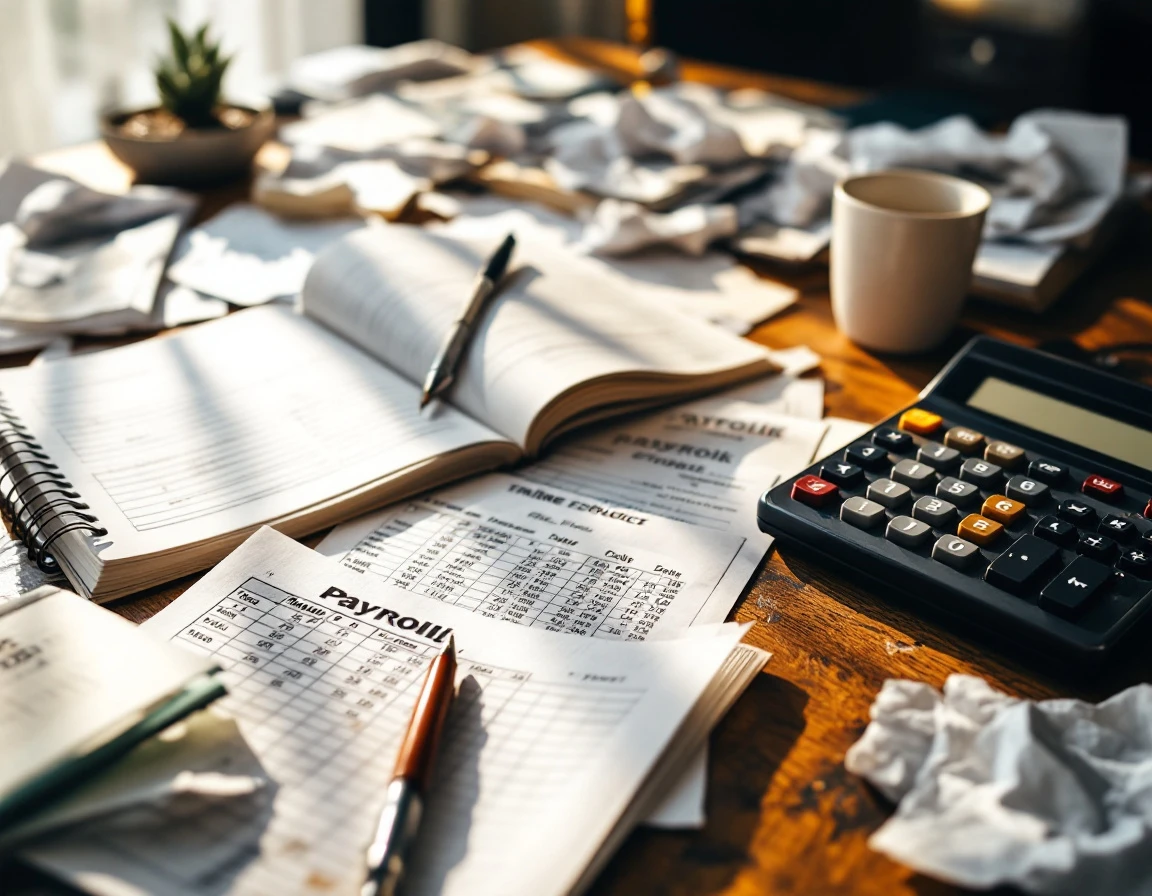 Cluttered desk with payroll ledgers, timesheets, calculator, and scattered papers showing manual administrative work