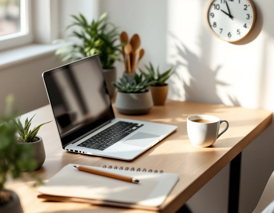 Minimalist office workspace with laptop, coffee, notebook, and wall clock in natural morning light