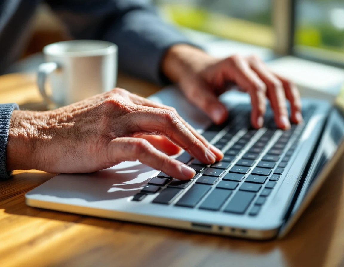 Hands typing on laptop at sunlit desk with coffee, showing detailed natural skin texture and realistic shadows