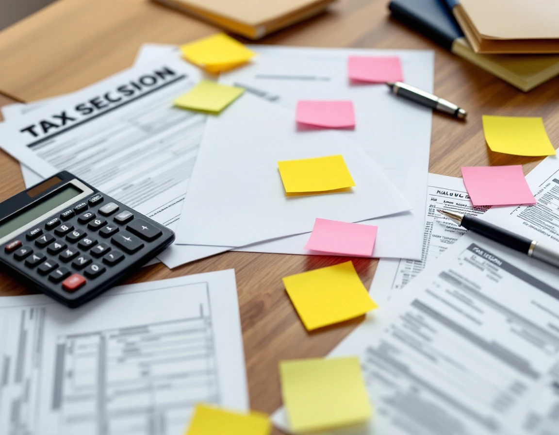 Tax forms, calculator, and financial paperwork scattered on desk during equity grant filing season
