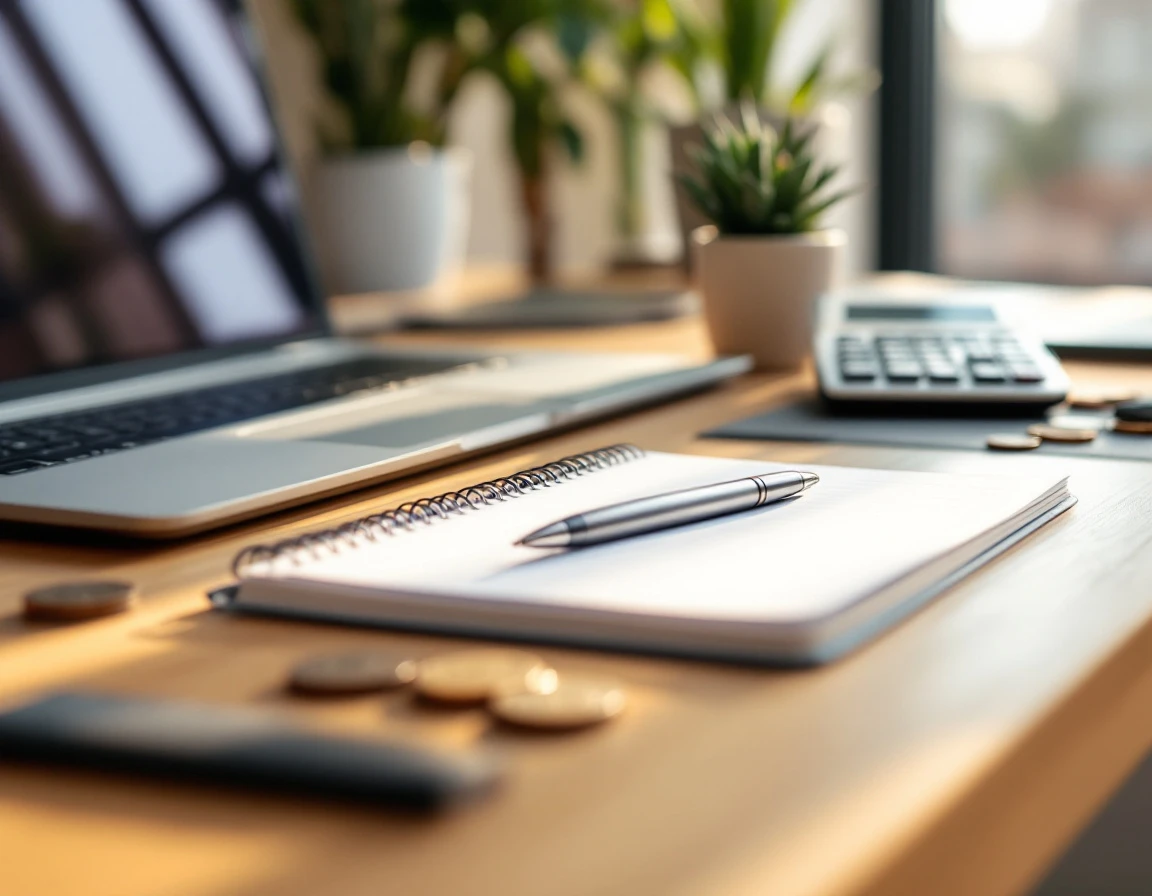 Organized desk with blank notebook, calculator, and office supplies ready for tax preparation tasks