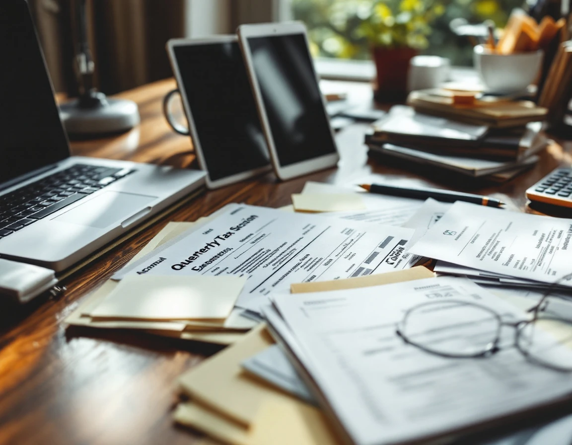 Business workspace with laptop, tax documents, and calculator during quarterly filing season
