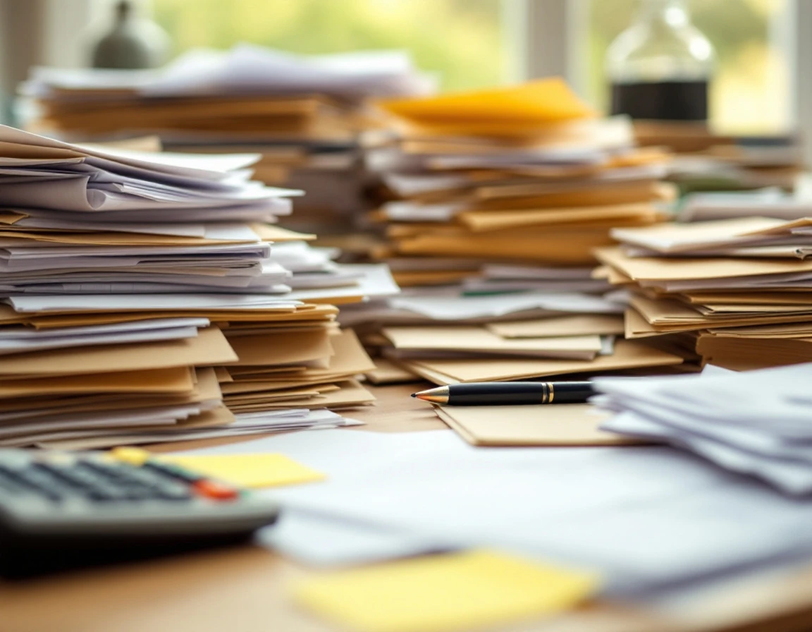 Cluttered desk with blurred payroll papers, calculator, and sticky notes showing chaotic manual HR processes