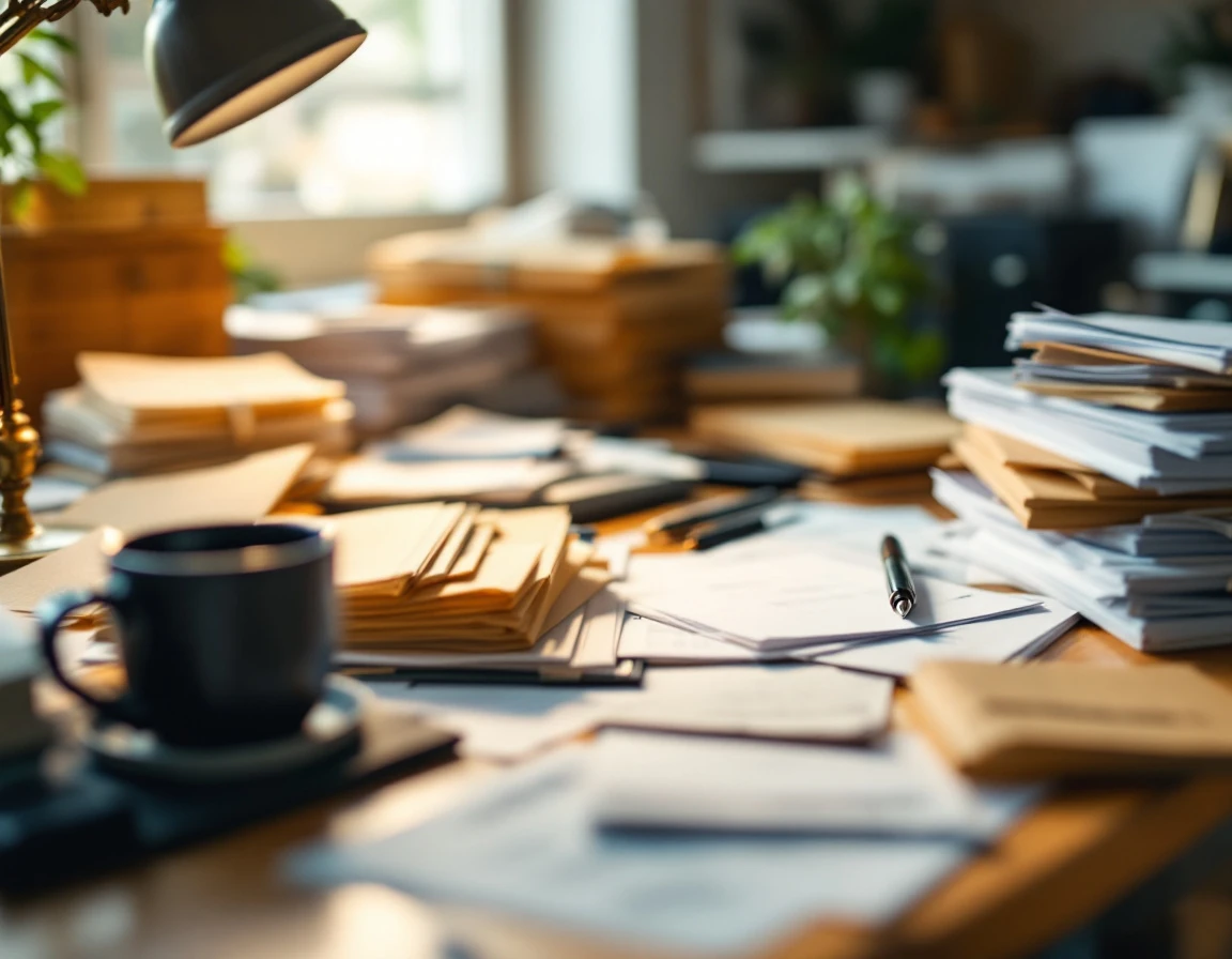 Cluttered desk with blurred payroll folders and coffee during October compliance deadline season