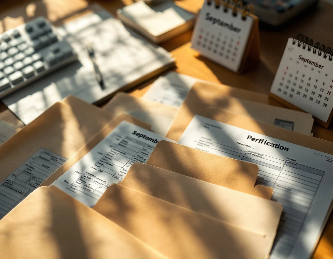 Office desk with payroll forms, employee records, and calendar showing September verification period