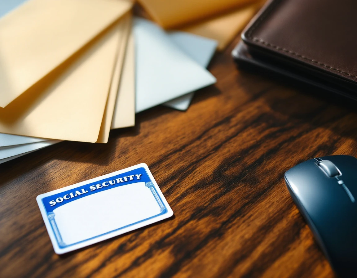 Social Security card face-down on wooden desk with blank office materials for payroll verification