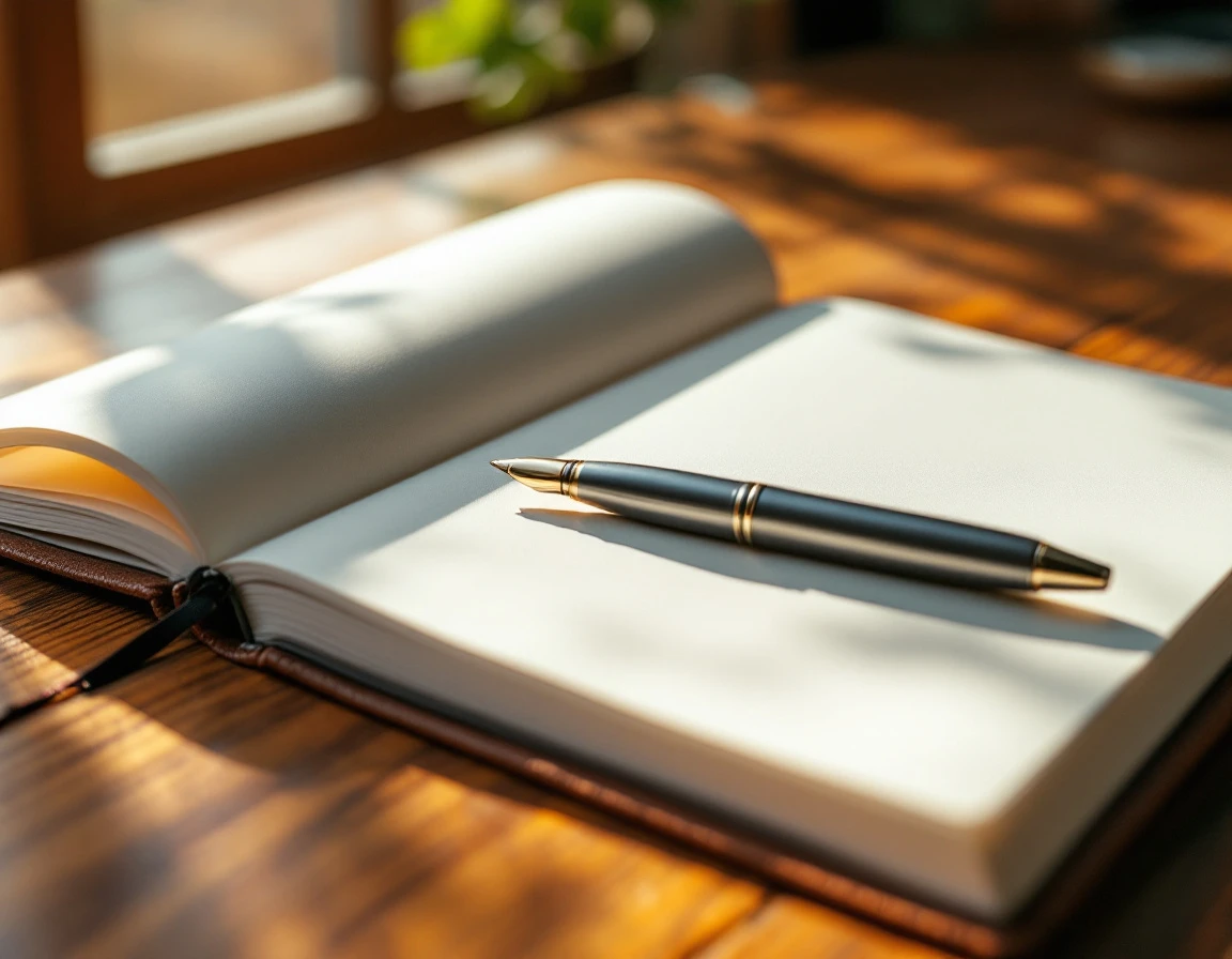 Open blank notebook with fountain pen on wooden desk in natural window light