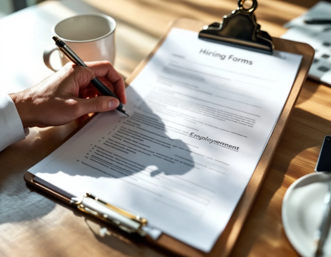 Hiring manager's desk with blank employment forms, clipboard, and coffee mug in natural office lighting