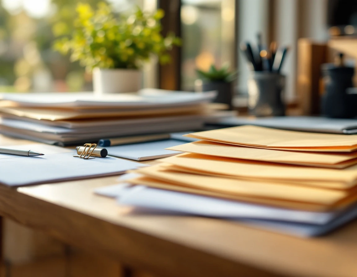Organized desk workspace with blank folders and envelopes prepared for employee onboarding documentation