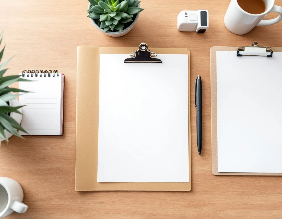 Organized desk workspace with blank folder and onboarding materials ready for new hire processing