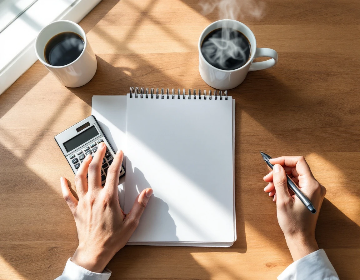 Overhead view of desk workspace with calculator, coffee, and notebook during financial planning session