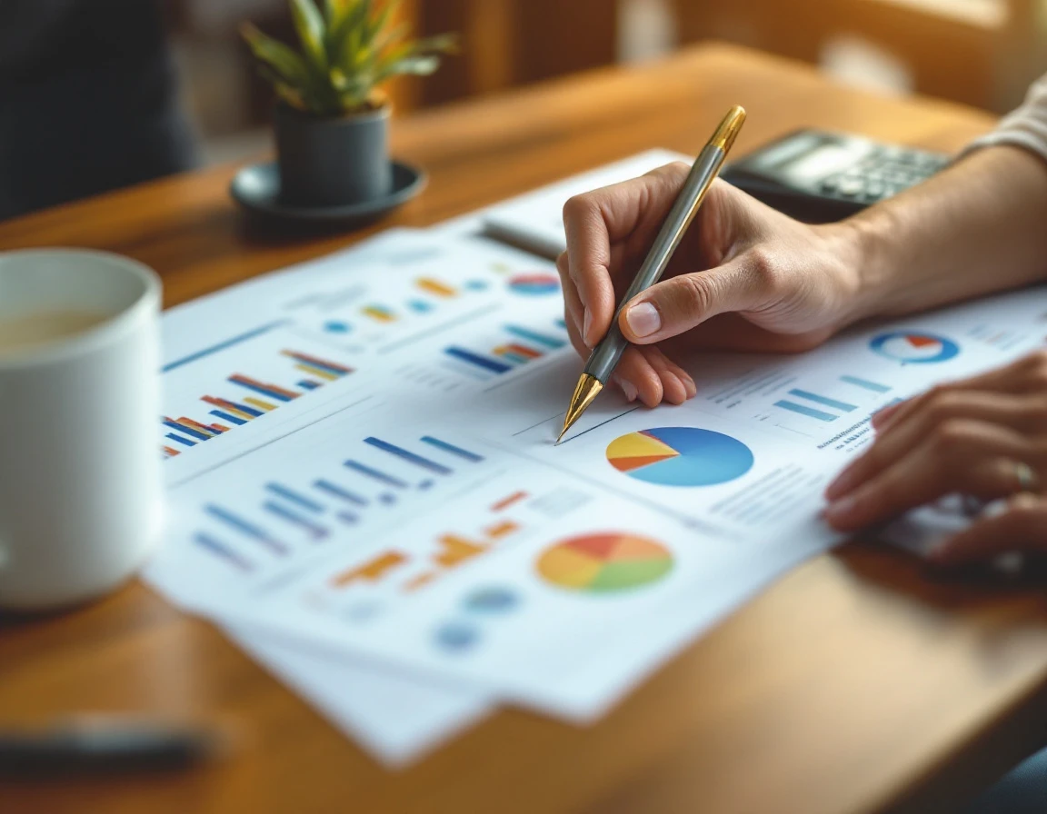 Hands analyzing financial charts and graphs on wooden desk with calculator and coffee mug