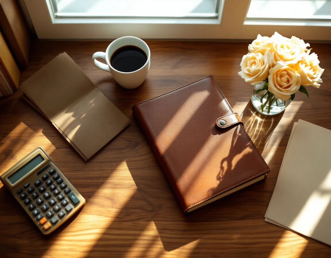 Small business owner's desk with closed journal, calculator, and coffee mug for planning payroll decisions