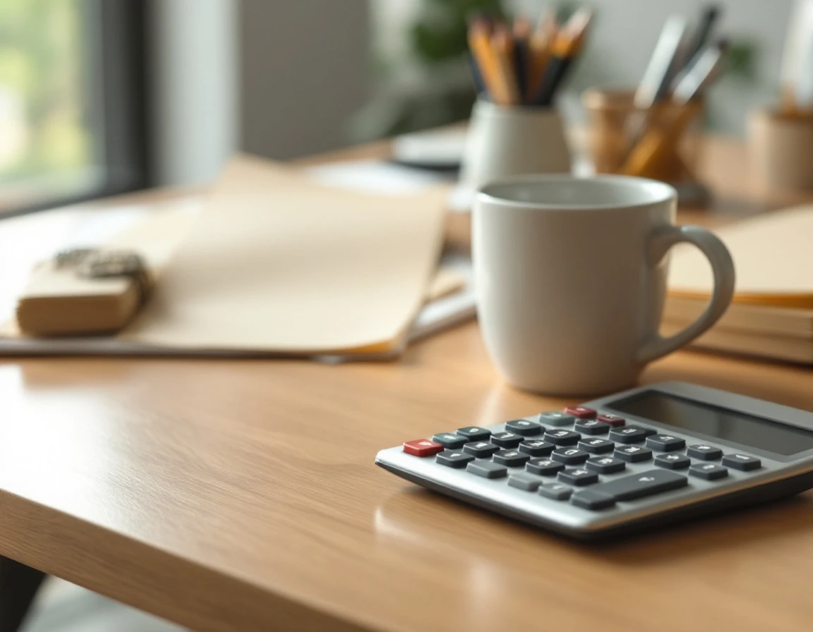 Calculator and coffee mug on desk with blurred tax forms in background for payroll compliance workflow