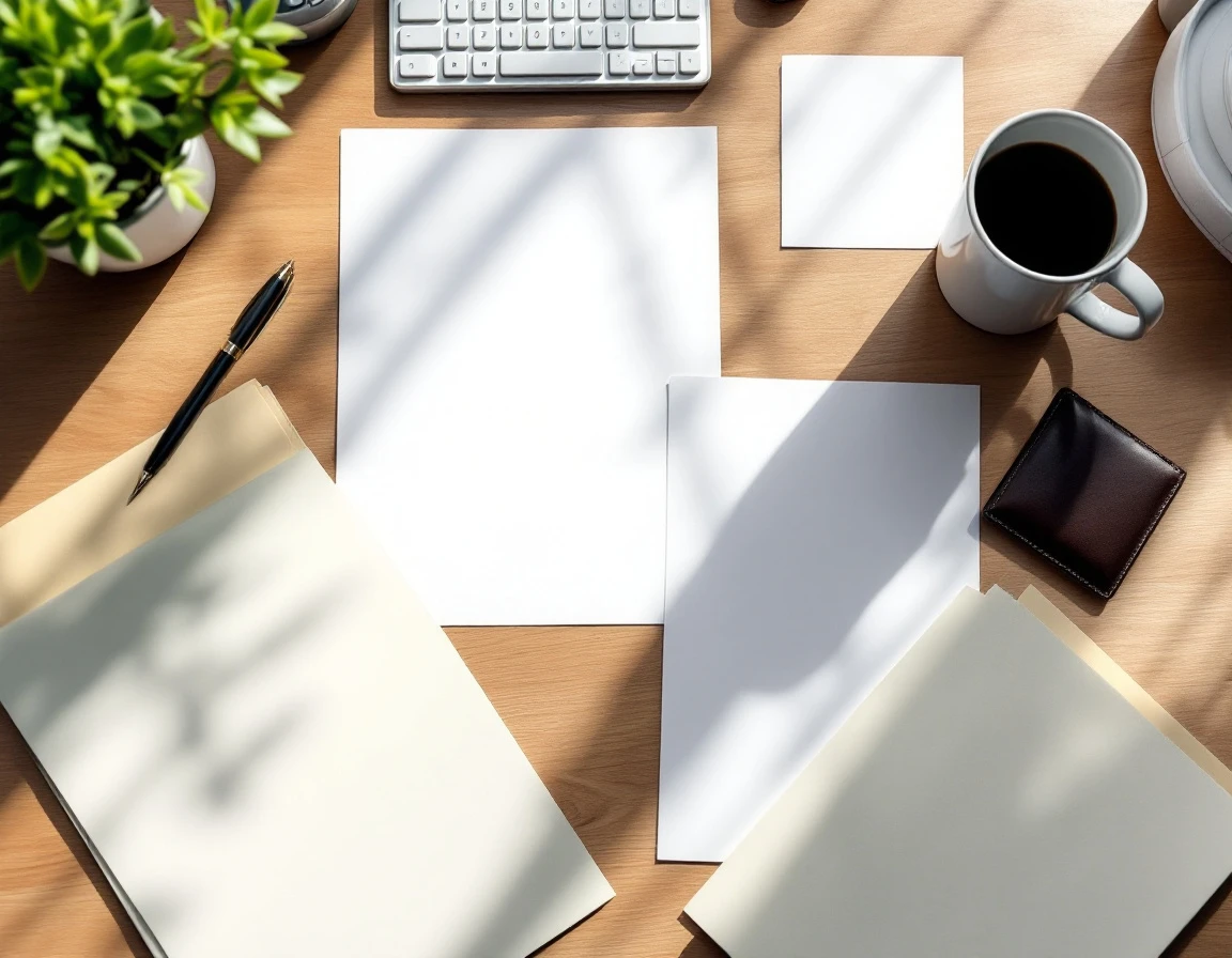 Clean professional tax workspace with blank papers, calculator, and coffee mug on wooden desk