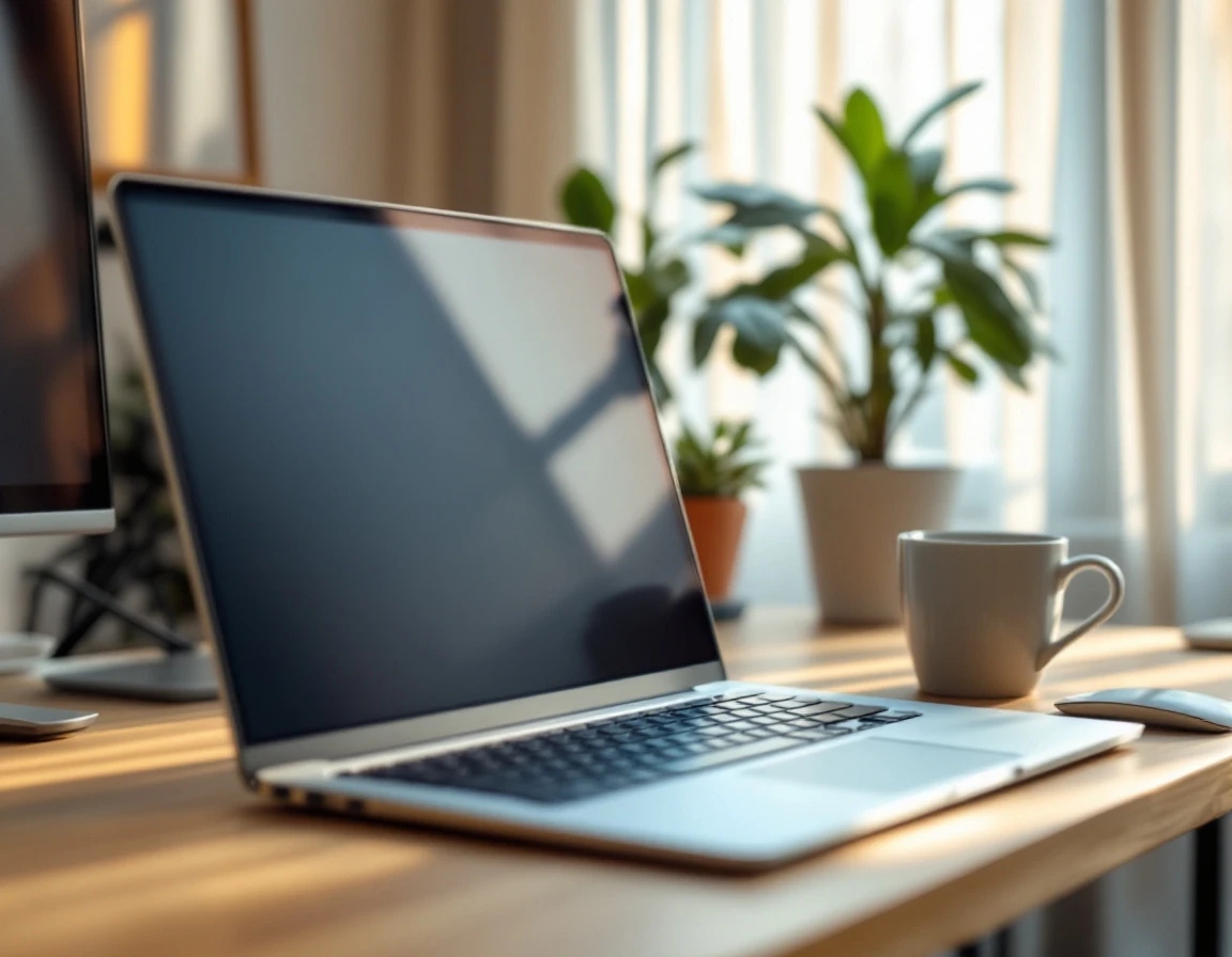 Modern workspace with laptop and desk plants in warm natural lighting for payroll automation