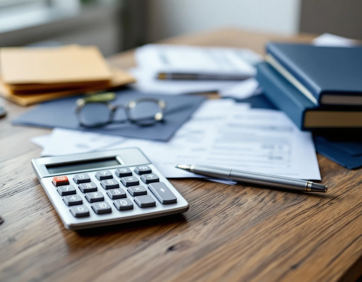 Tax forms, calculator, and financial documents arranged on desk for small business compliance preparation