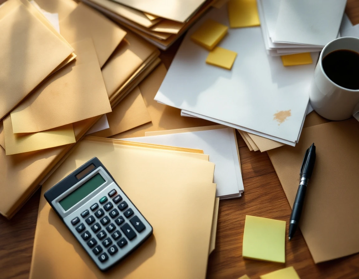 Cluttered desk with blank tax documents, calculator, and empty reminder notes showing payroll filing disorganization