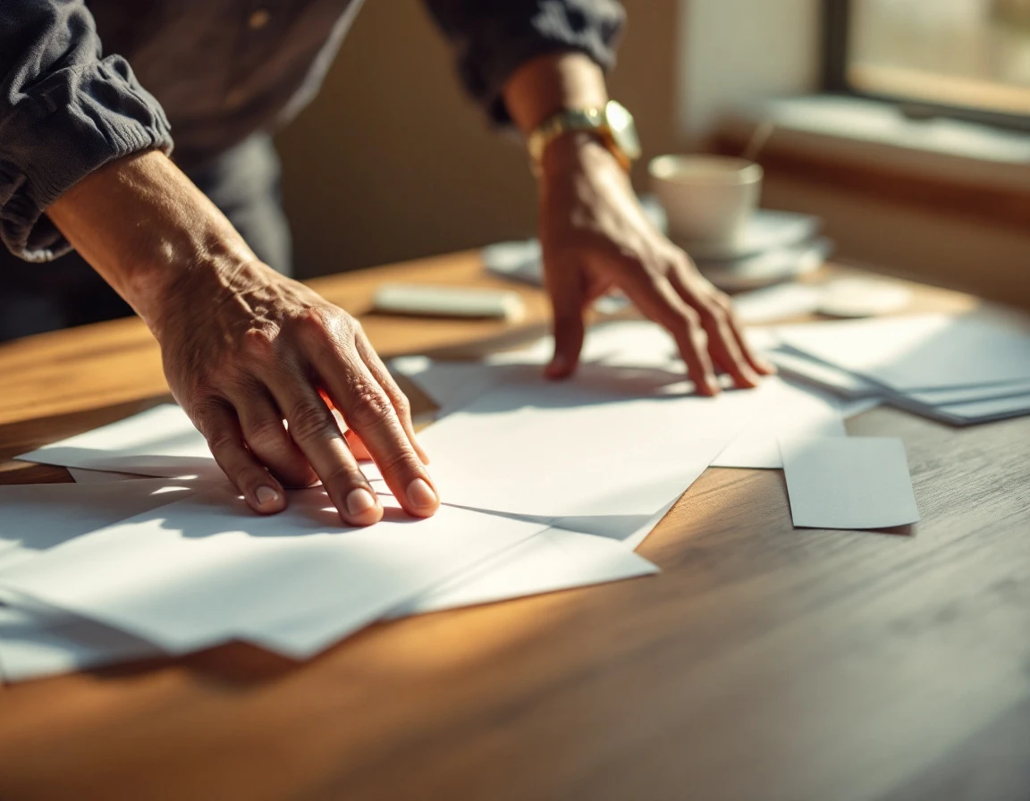 Hands reviewing blank payroll documents on wooden office desk with natural window light