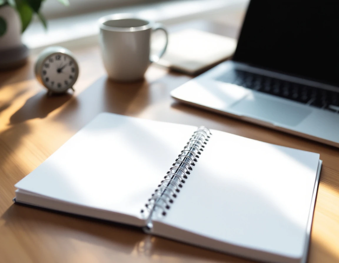 Organized desk workspace with blank planner, coffee mug, and laptop showing payroll planning environment