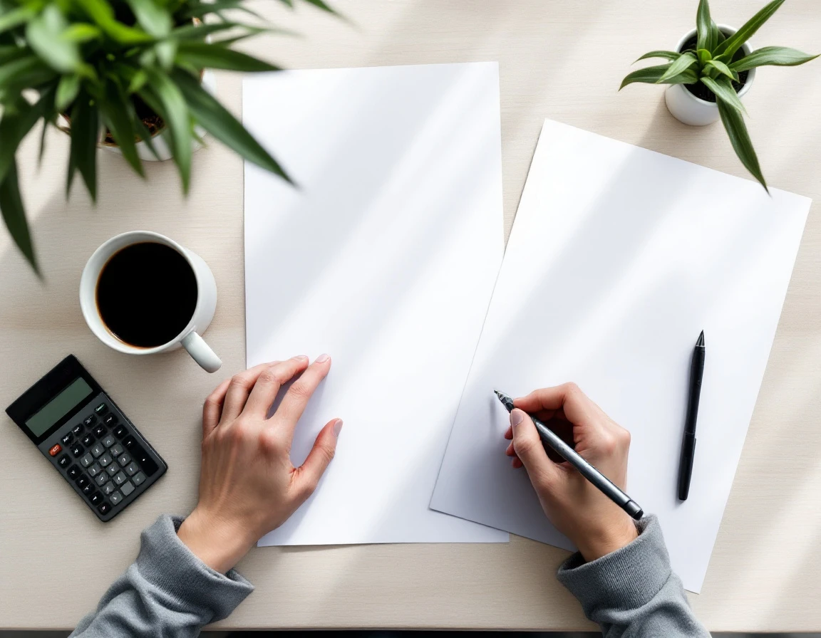 Hands working with calculator and papers on desk during payroll planning session