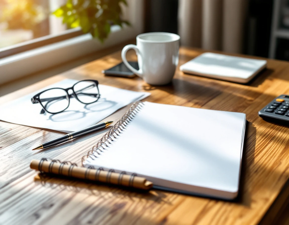 Organized desk with coffee, glasses, pen, and blank papers for quarterly payroll tax preparation