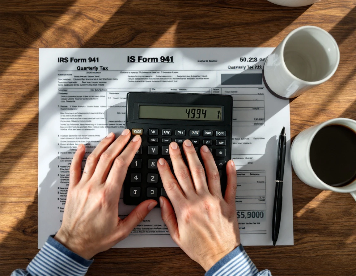 Calculator and coffee on desk with blurred quarterly tax form during reconciliation process