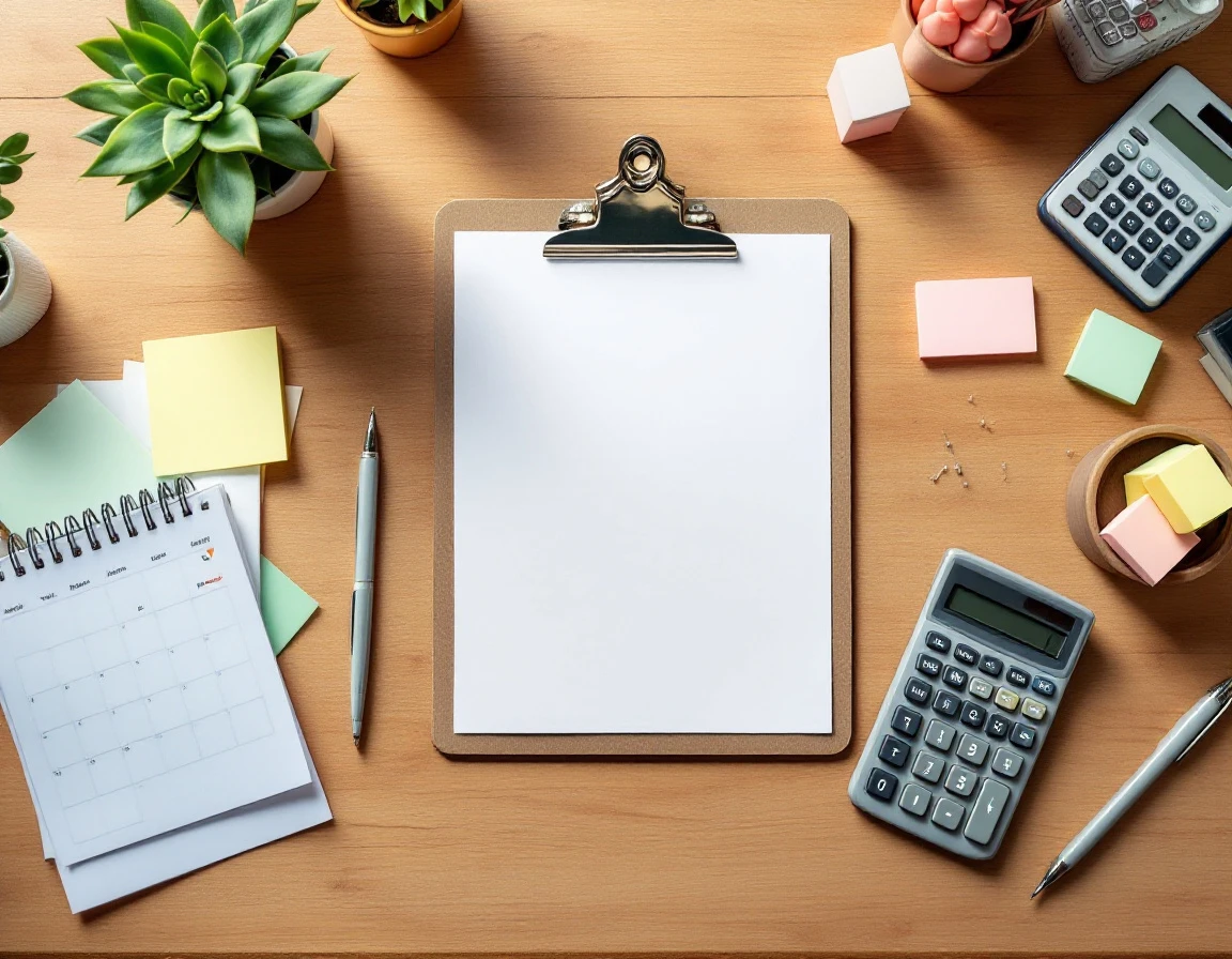 Organized desk workspace with blank clipboard, calculator, and office supplies ready for compliance audit preparation