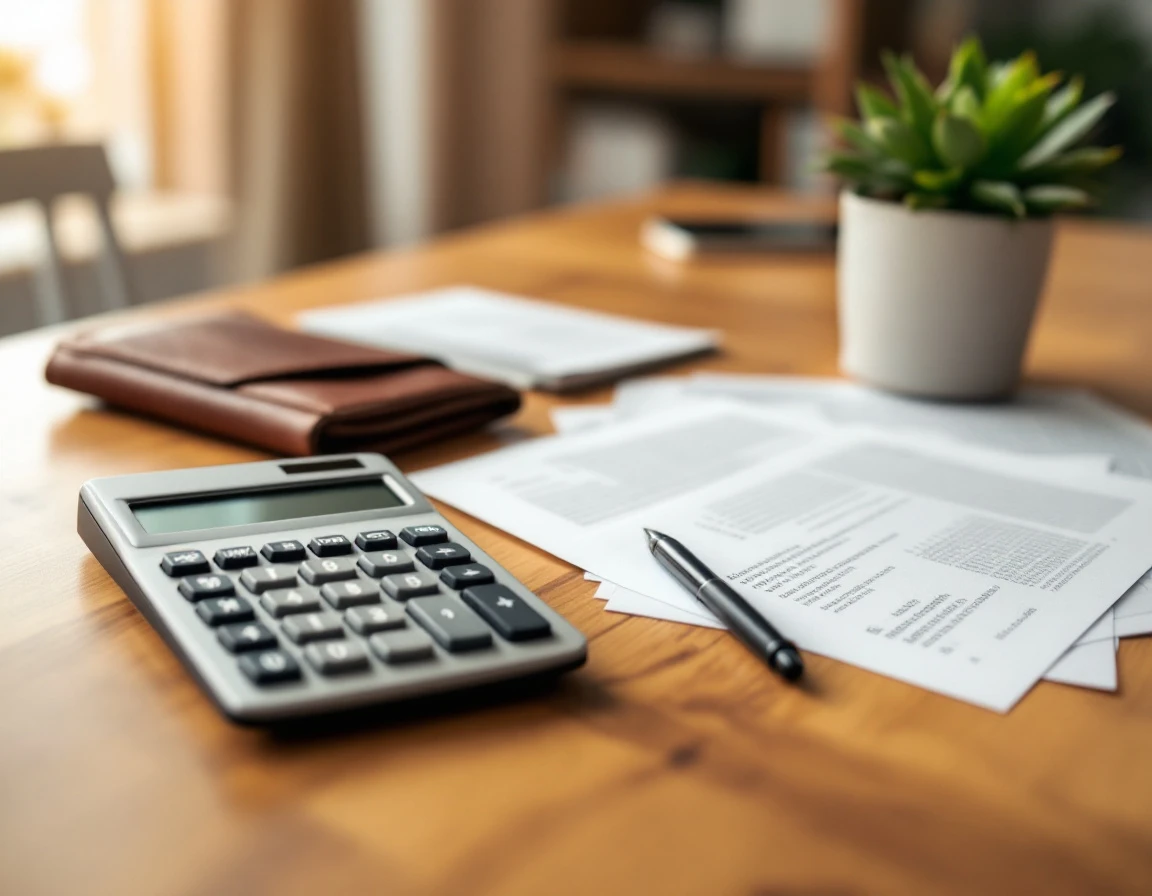 Wooden desk with calculator, pen, wallet, and blurred financial documents for small business tax planning