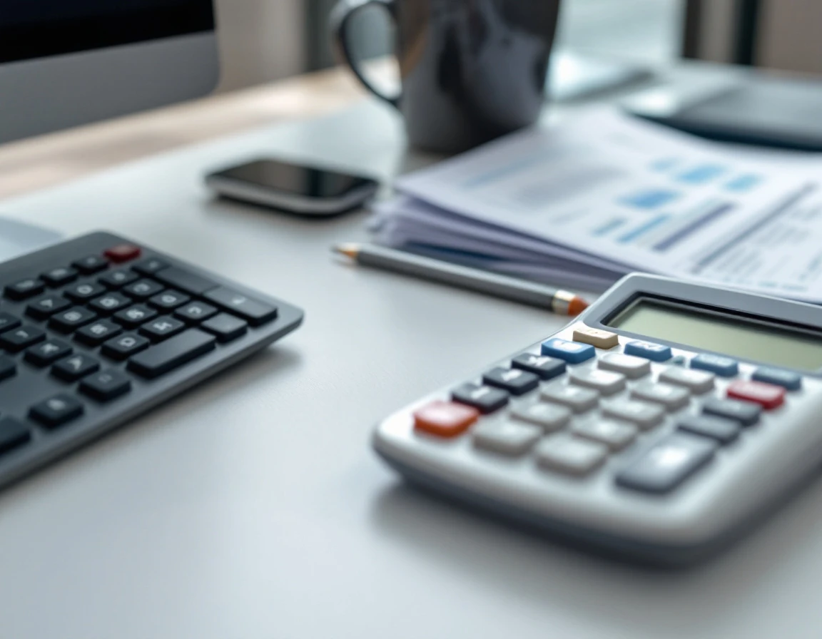 Professional desktop workspace with calculator and financial documents for small business tax preparation